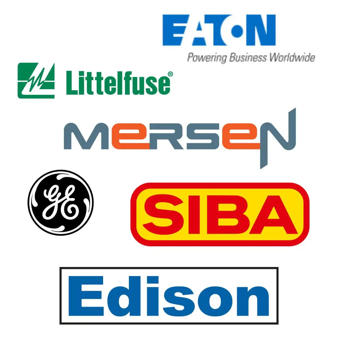 Logos of industrial electrical brands: Eaton, Littelfuse, Mersen, GE, SIBA and Edison