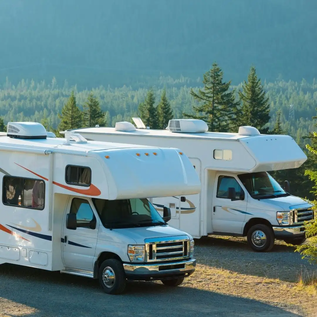 Two motorhome RVs parked by a forest