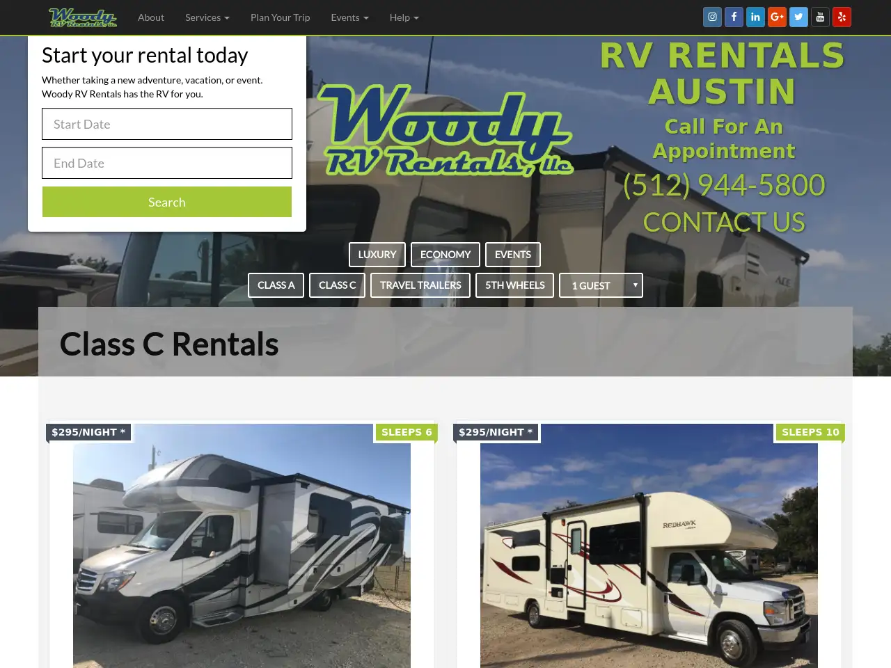 Woody RV Rentals website
